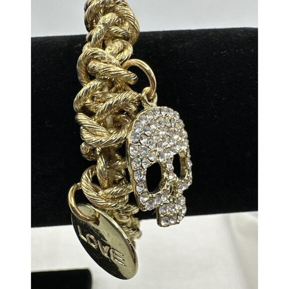 Skull Love Charm Bracelet Stretch Chunky Links Gold Tone Small Rhinestones - Picture 2 of 6